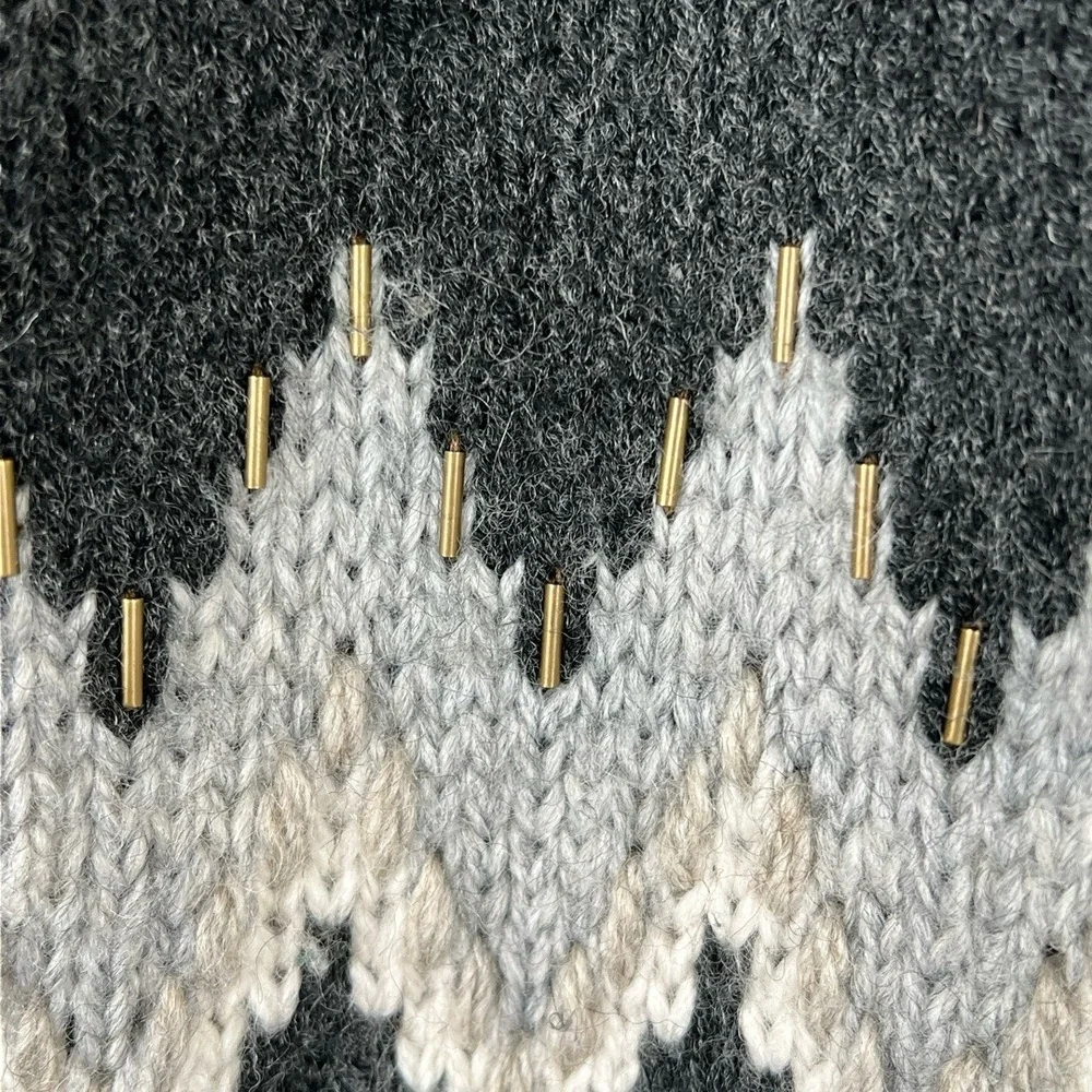 J.Jill Womens Cardigan Size‎ L Gray Fair Isle Beaded Pockets Scandi Coastal Wool